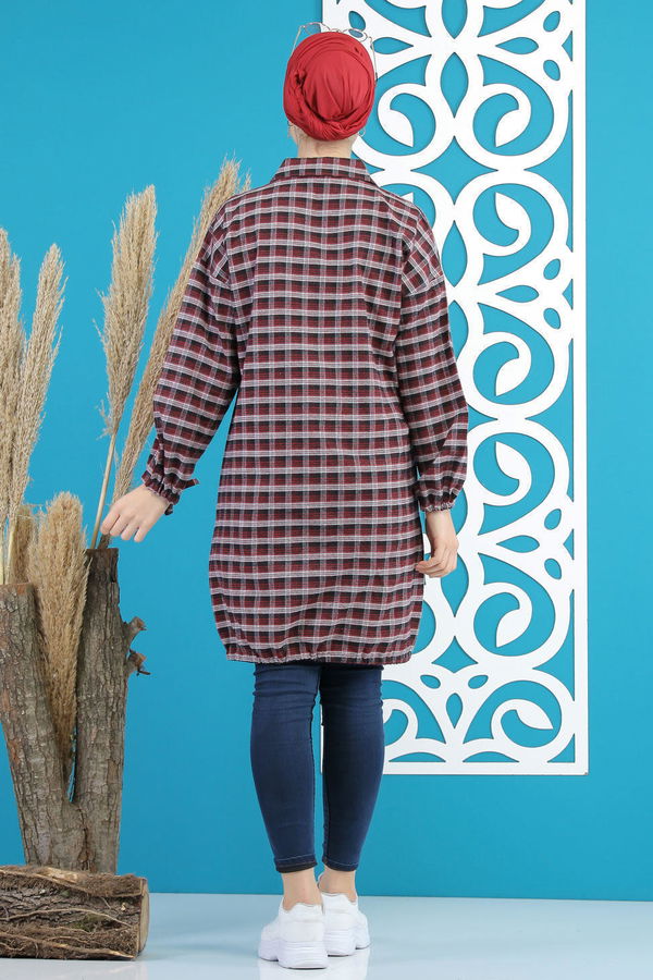 Düz Orta Kadın Bordo Ekose Tunik Haki  - 7852 BORDO