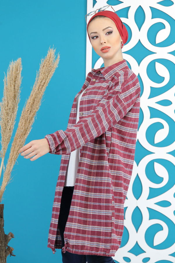 Düz Orta Kadın Kırmızı Ekose Tunik Haki  - 7852 Kırmızı