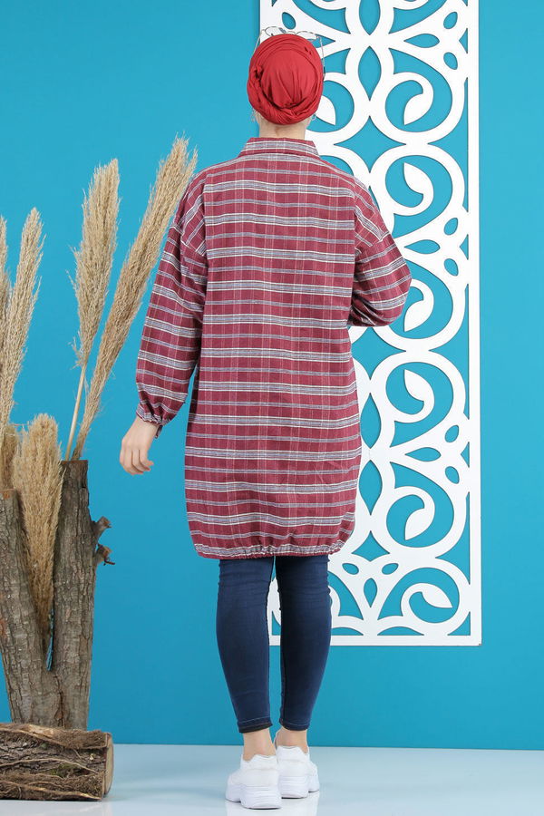 Düz Orta Kadın Kırmızı Ekose Tunik Haki  - 7852 Kırmızı
