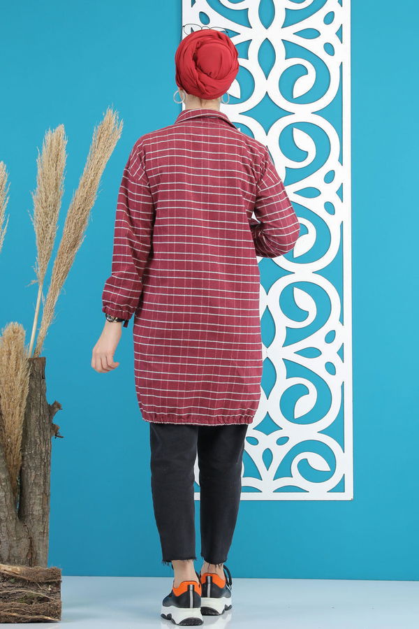Düz Orta Kadın Bordo Ekose Tunik Siyah  - 7856