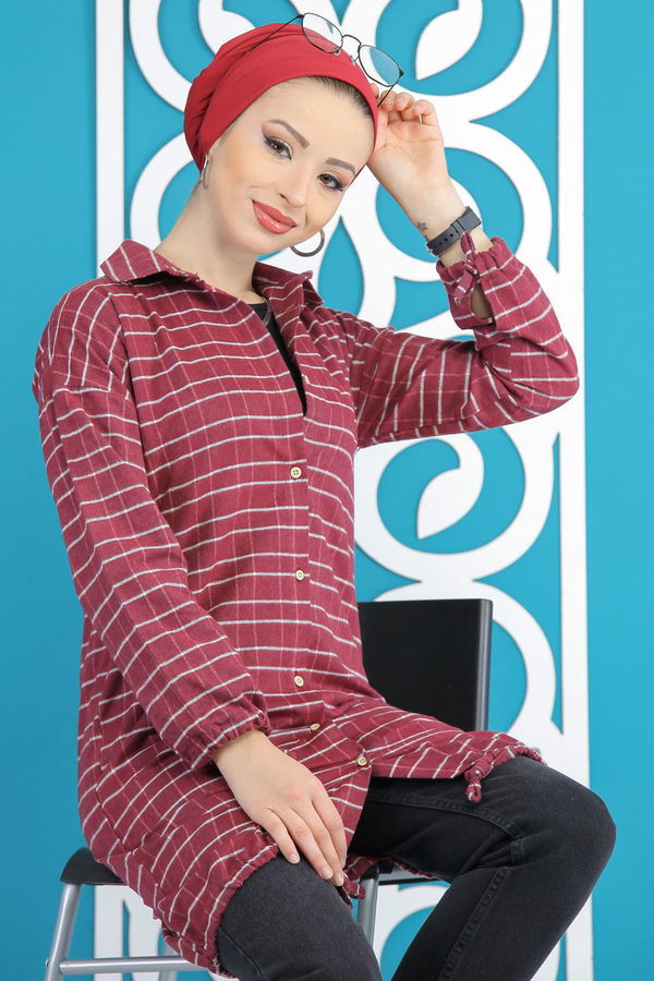 Düz Orta Kadın Bordo Ekose Tunik Siyah  - 7856