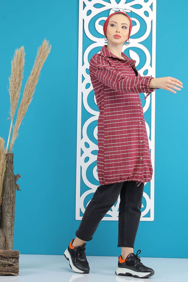Düz Orta Kadın Bordo Ekose Tunik Siyah  - 7856