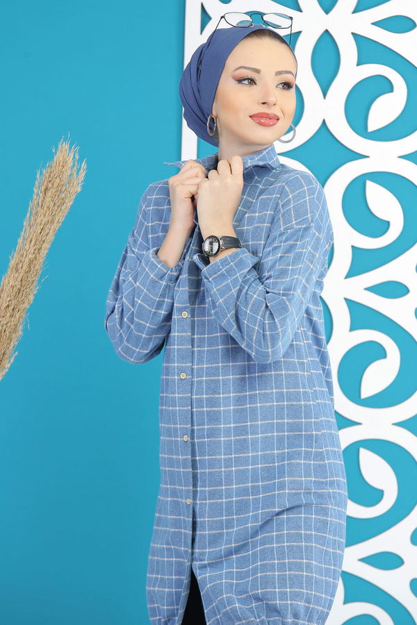 Düz Orta Kadın Mavi Ekose Tunik Siyah  - 7856
