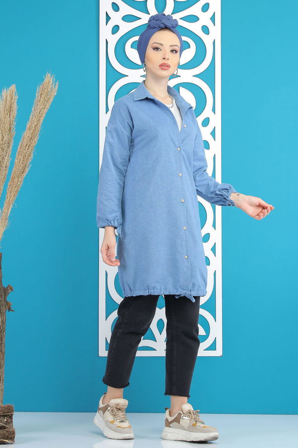 Düz Orta Kadın Mavi Tunik Siyah  - 7855 MAVİ