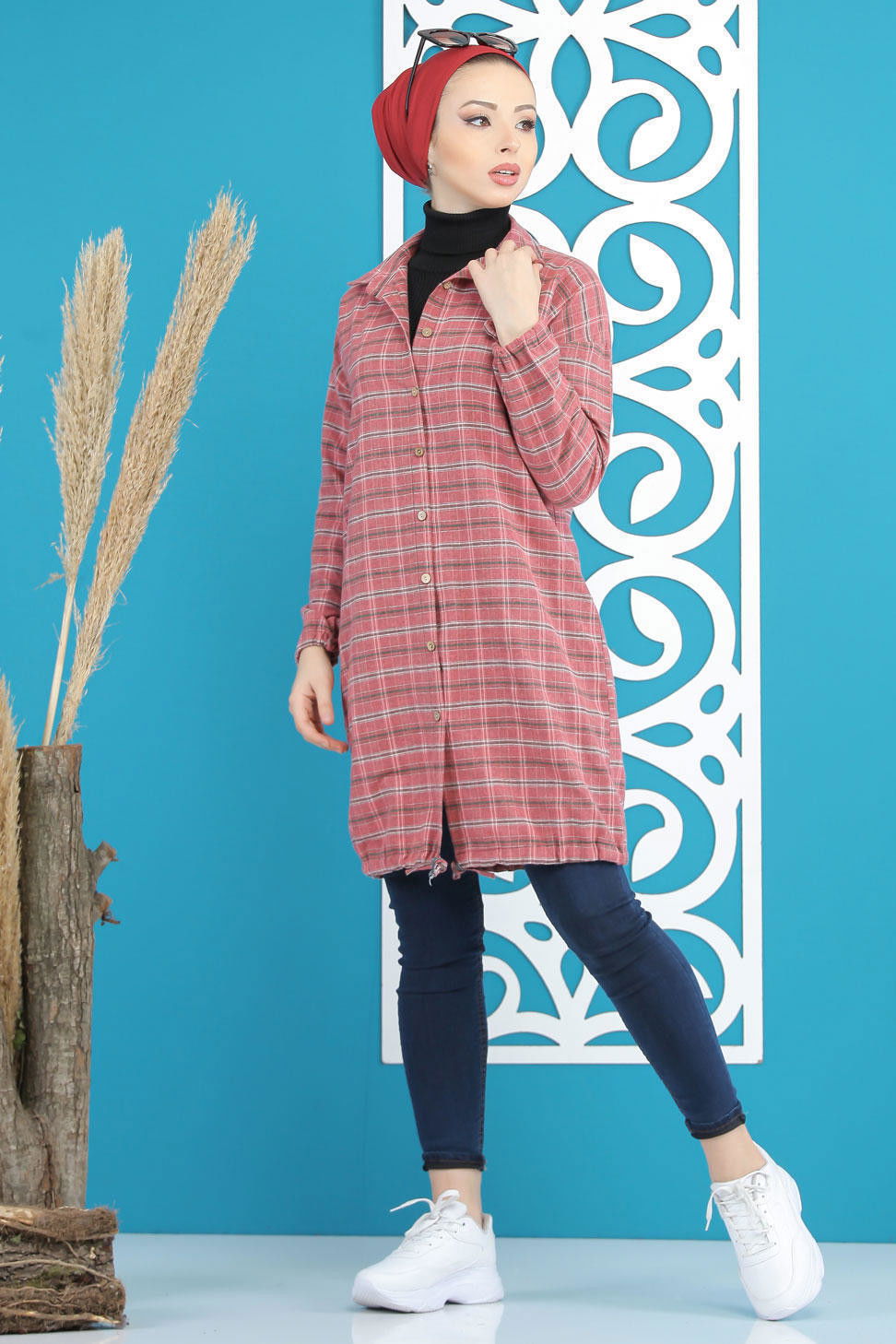 Düz Orta Kadın Kırmızı Ekose Tunik Vişne - 7860 - 7860 Kırmızı