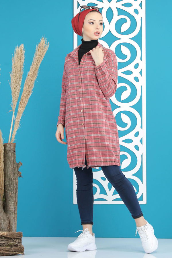 Düz Orta Kadın Kırmızı Ekose Tunik Vişne - 7860 - 7860 Kırmızı