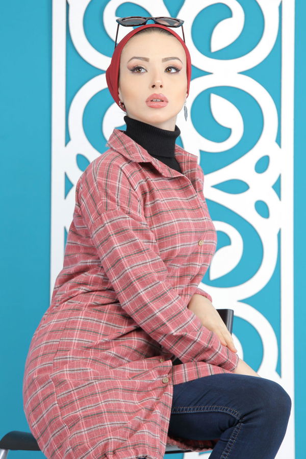 Düz Orta Kadın Kırmızı Ekose Tunik Vişne - 7860 - 7860 Kırmızı