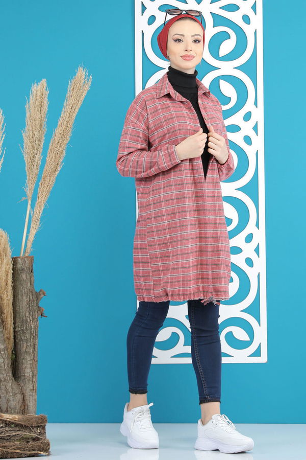 Düz Orta Kadın Kırmızı Ekose Tunik Vişne - 7860 - 7860 Kırmızı