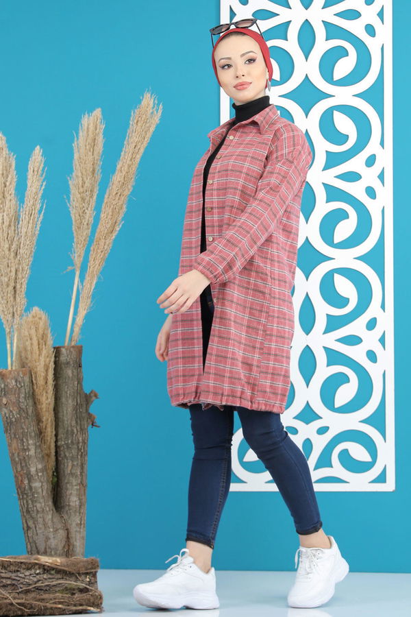 Düz Orta Kadın Kırmızı Ekose Tunik Vişne - 7860 - 7860 Kırmızı
