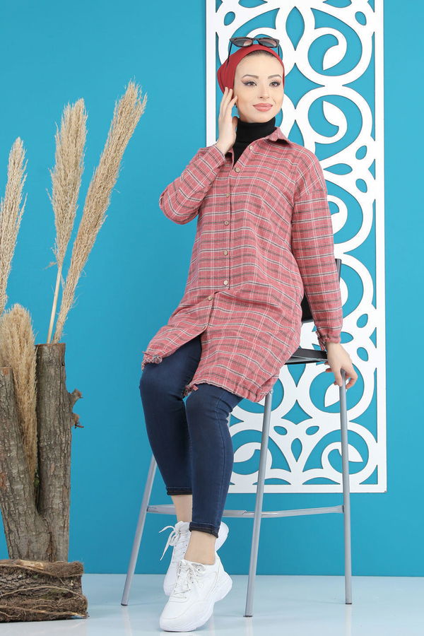 Düz Orta Kadın Kırmızı Ekose Tunik Vişne - 7860 - 7860 Kırmızı
