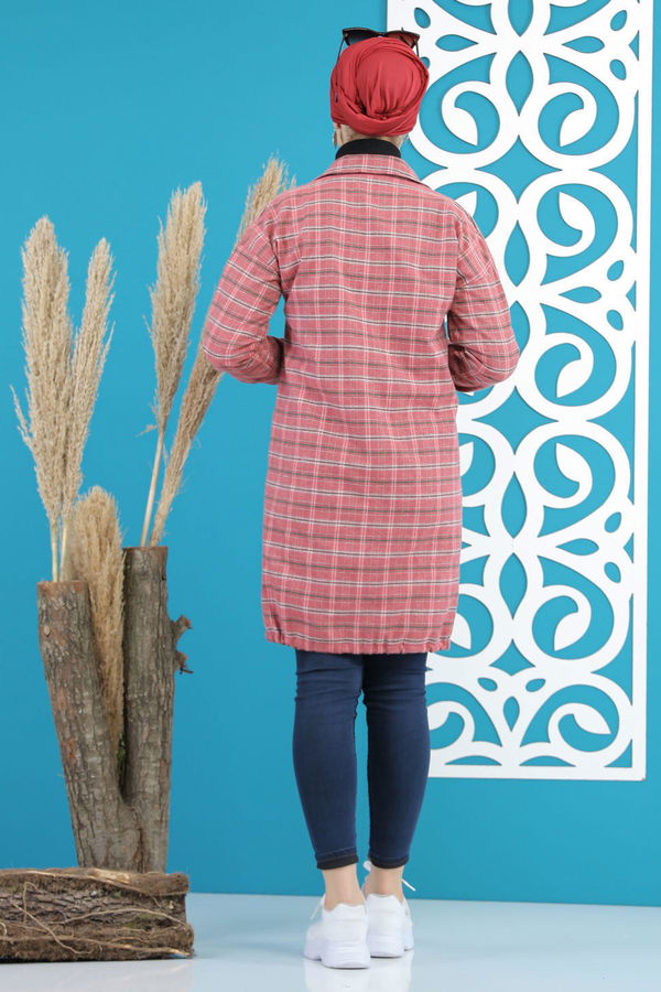Düz Orta Kadın Kırmızı Ekose Tunik Vişne - 7860 - 7860 Kırmızı