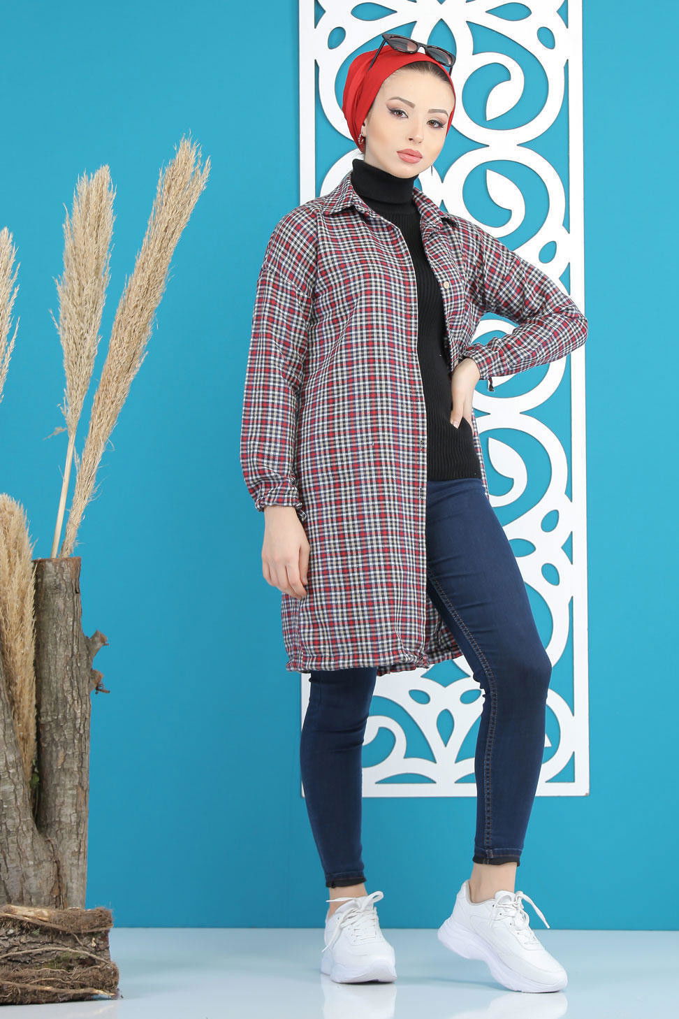 Düz Orta Kadın Bordo Ekose Tunik Bordo Siyah - 02 7658 - 7658 BORDO