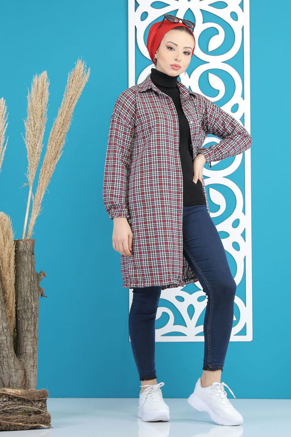 Düz Orta Kadın Bordo Ekose Tunik Bordo Siyah - 02 7658 - 7658 BORDO