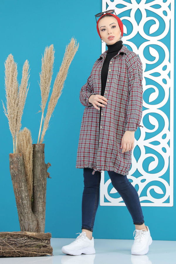 Düz Orta Kadın Bordo Ekose Tunik Bordo Siyah - 02 7658 - 7658 BORDO
