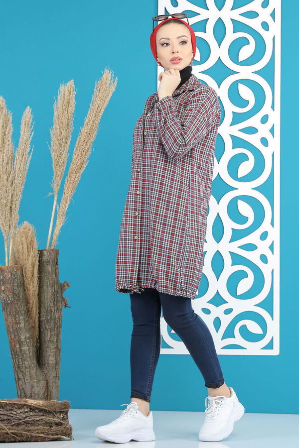 Düz Orta Kadın Bordo Ekose Tunik Bordo Siyah - 02 7658 - 7658 BORDO