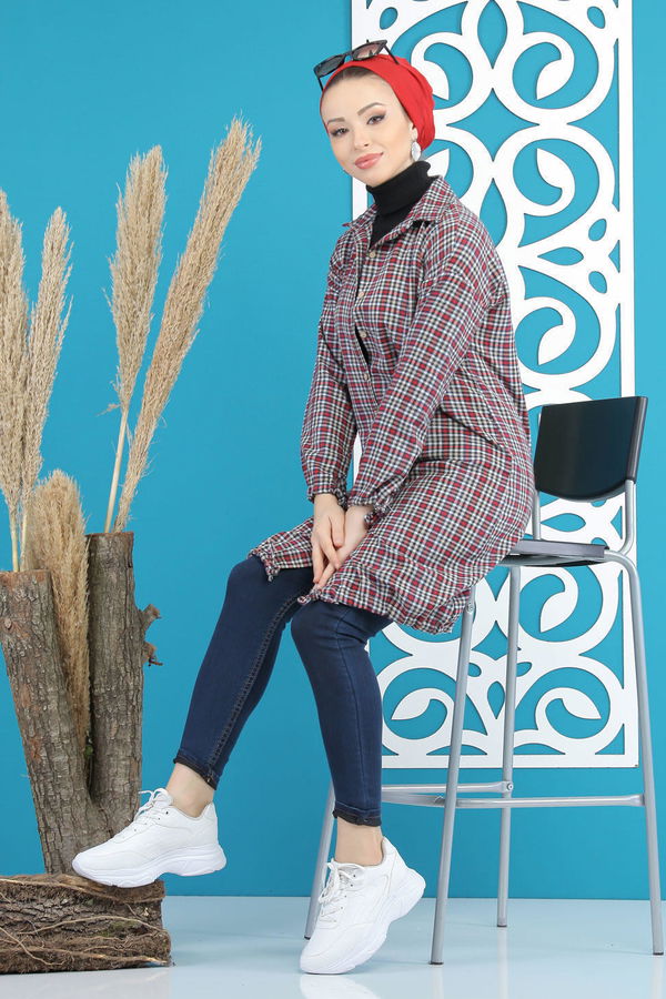 Düz Orta Kadın Bordo Ekose Tunik Bordo Siyah - 02 7658 - 7658 BORDO