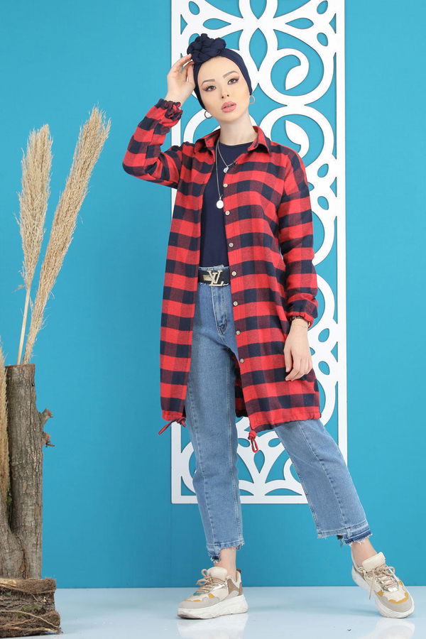 Düz Orta Kadın Bordo Ekose Tunik Bordo - 7826 - 7826 BORDO