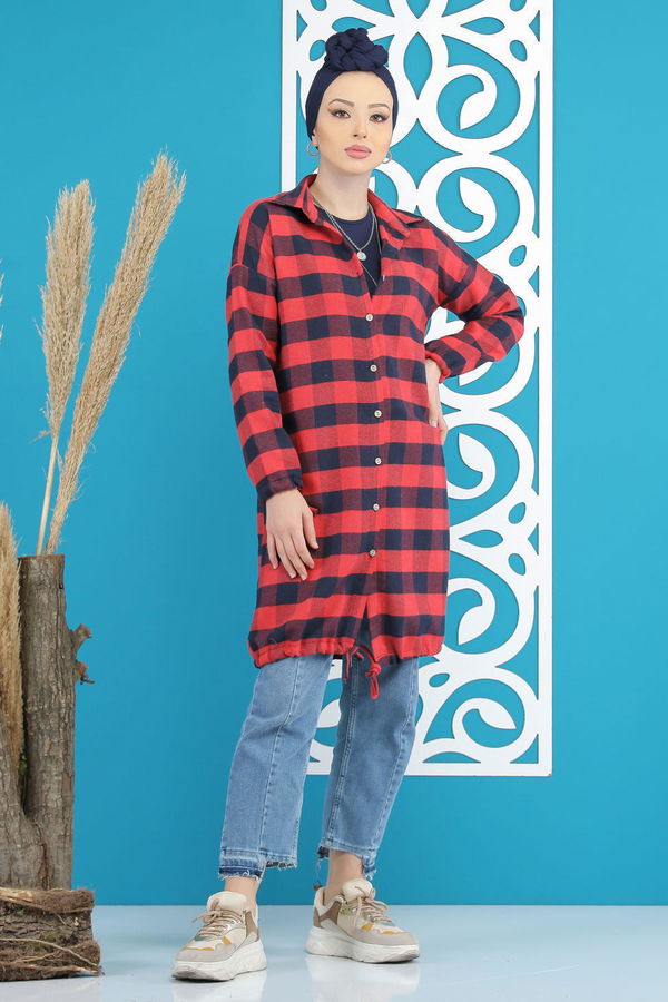 Düz Orta Kadın Bordo Ekose Tunik Bordo - 7826 - 7826 BORDO