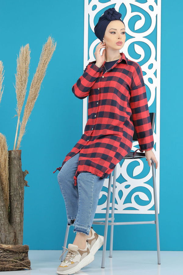 Düz Orta Kadın Bordo Ekose Tunik Bordo - 7826 - 7826 BORDO