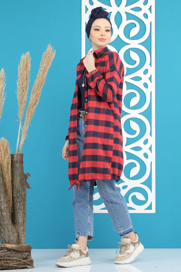 Düz Orta Kadın Bordo Ekose Tunik Bordo - 7826 - 7826 BORDO