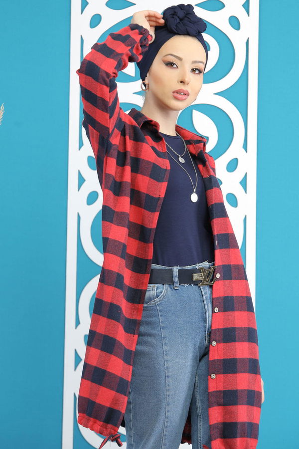 Düz Orta Kadın Bordo Ekose Tunik Bordo - 7826 - 7826 BORDO