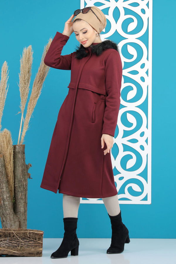 Düz Orta Kadın Bordo Kapşonlu Kap Siyah  - 7798