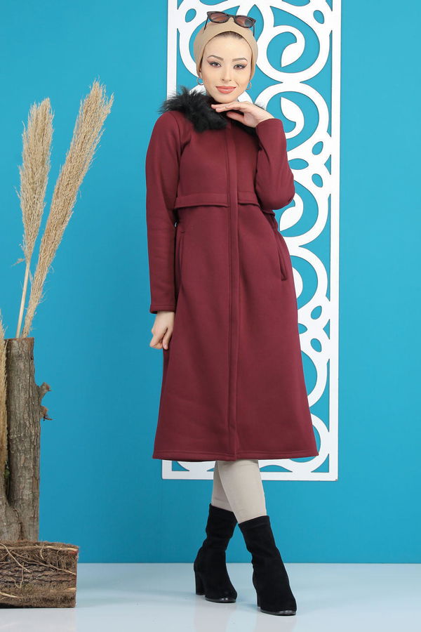 Düz Orta Kadın Bordo Kapşonlu Kap Siyah  - 7798