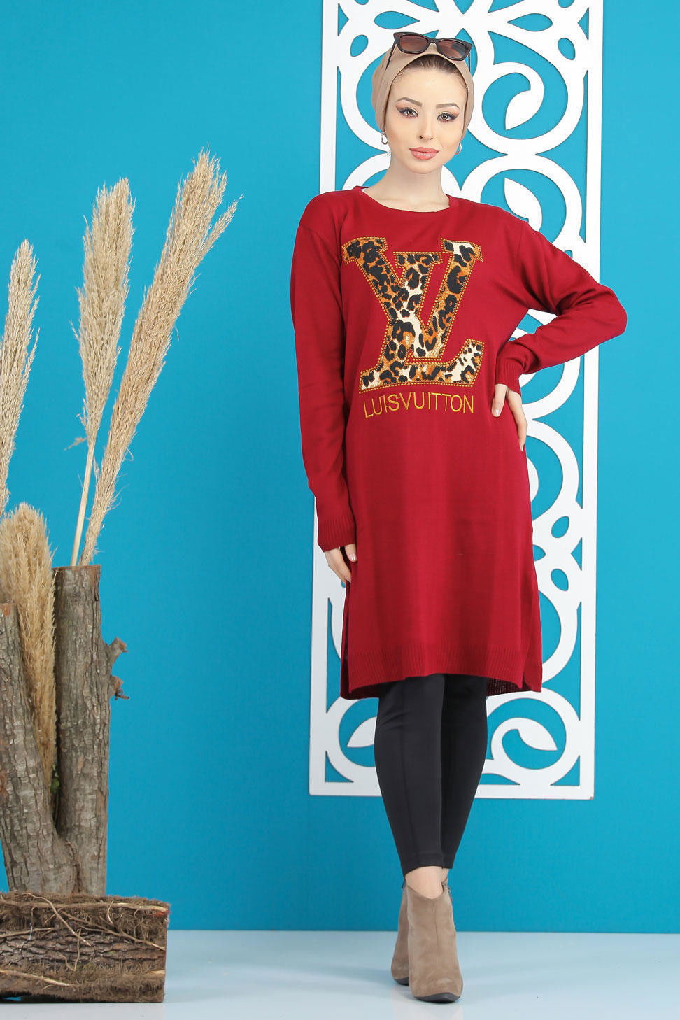 Düz Orta Kadın Bordo Baskılı Triko Tunik Siyah  - 7874 BORDO