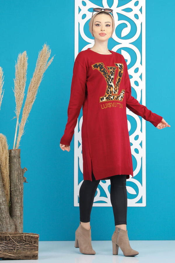 Düz Orta Kadın Bordo Baskılı Triko Tunik Siyah  - 7874 BORDO