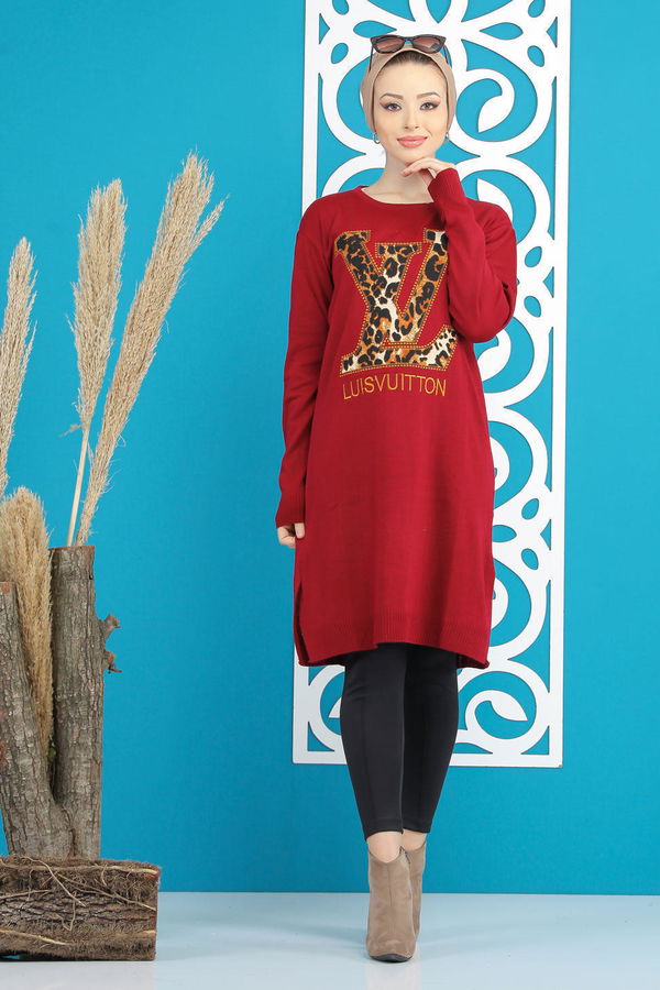 Düz Orta Kadın Bordo Baskılı Triko Tunik Siyah  - 7874 BORDO