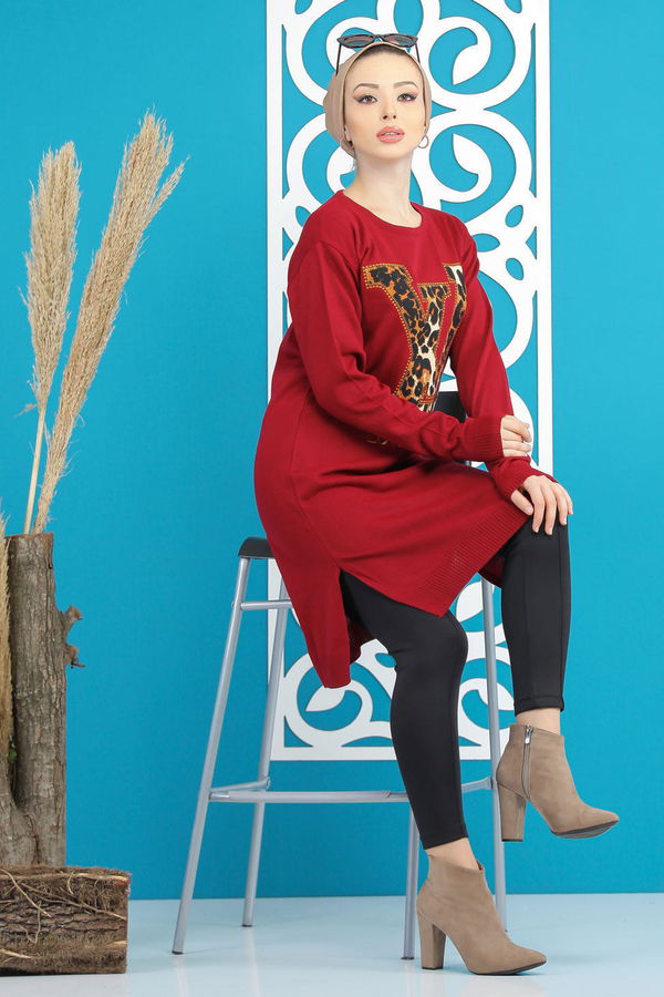 Düz Orta Kadın Bordo Baskılı Triko Tunik Siyah  - 7874 BORDO