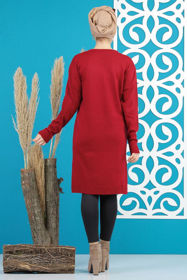 Düz Orta Kadın Bordo Baskılı Triko Tunik Siyah  - 7874 BORDO