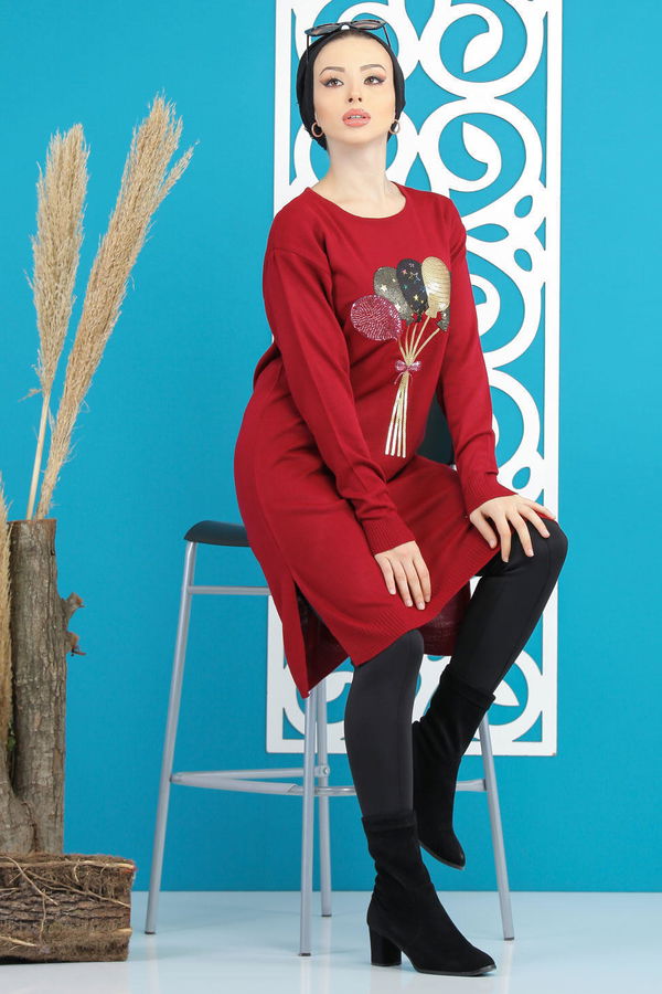 Düz Orta Kadın Bordo Balon Baskılı Triko Tunik Siyah  - 7875 BORDO