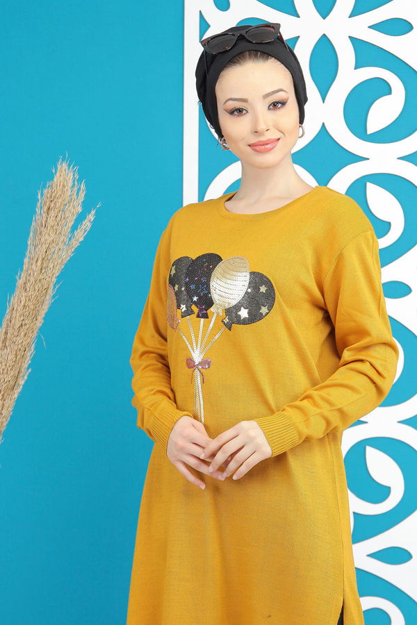 Düz Orta Kadın Sarı Balon Baskılı Triko Tunik Siyah  - 7875 Sarı