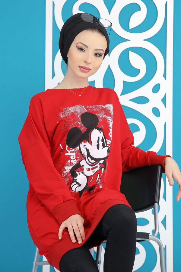 Düz Orta Kadın Kırmızı Baskılı Tunik Siyah  - 5183 Kırmızı