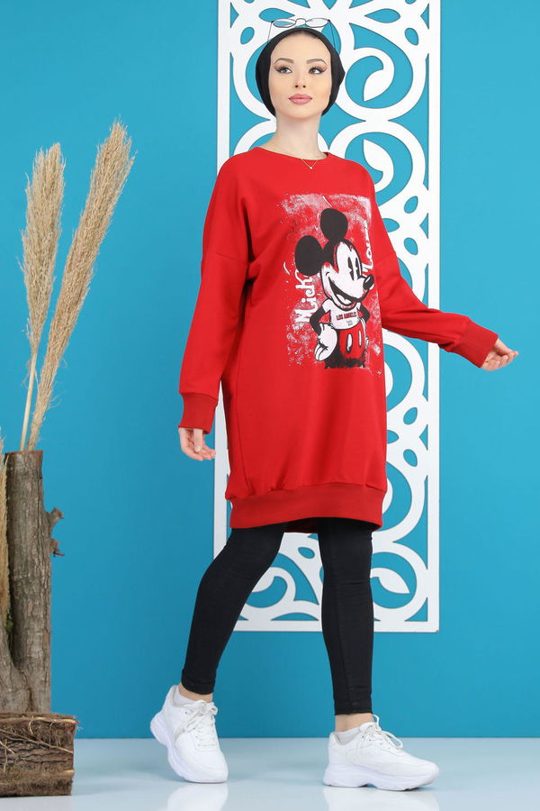 Düz Orta Kadın Kırmızı Baskılı Tunik Siyah  - 5183 Kırmızı