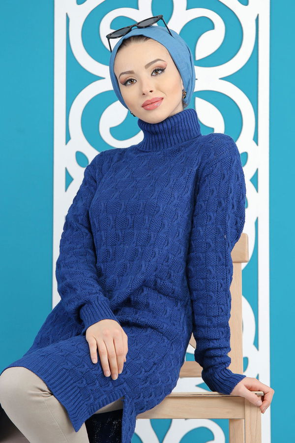Düz Orta Kadın Mavi Triko Tunik Siyah  - 7876
