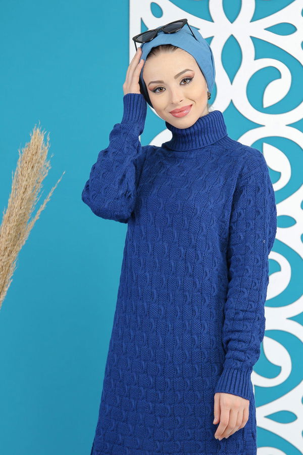 Düz Orta Kadın Mavi Triko Tunik Siyah  - 7876