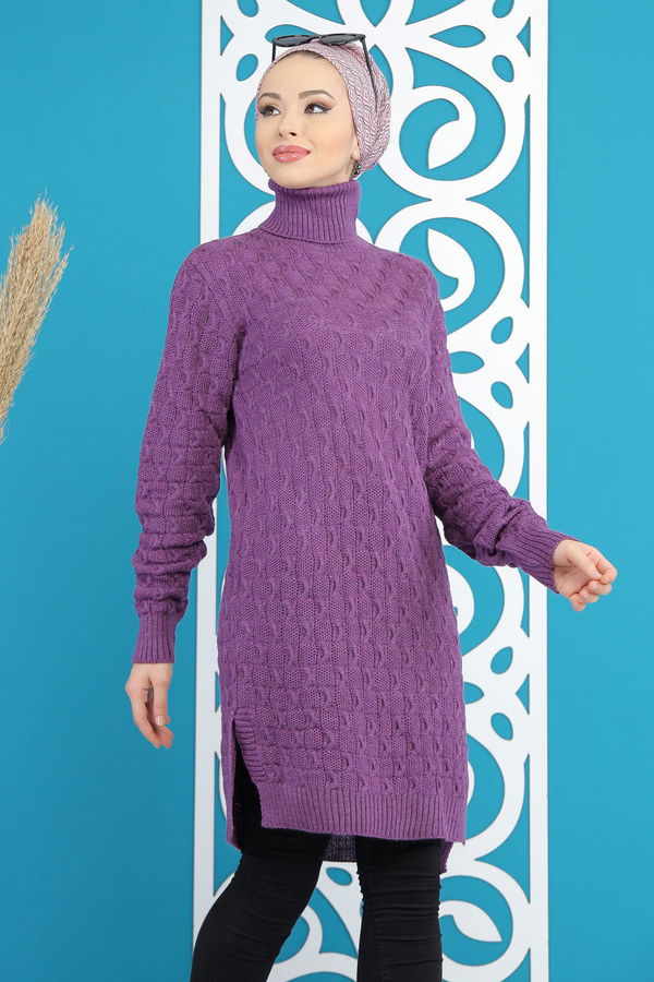 Düz Orta Kadın Mor Triko Tunik Siyah  - 7876 MOR