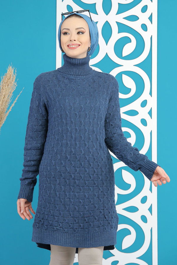 Düz Orta Kadın Mavi Triko Tunik Siyah  - 7876 MAVİ