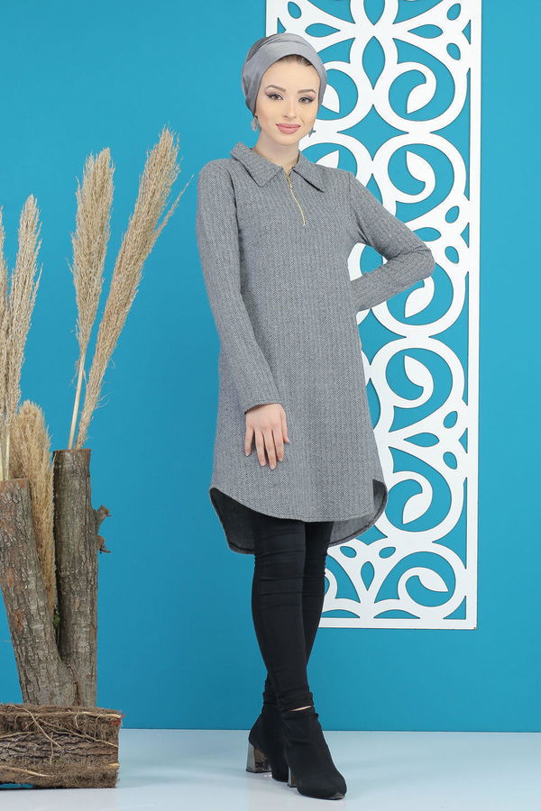 Düz Orta Kadın Gri Tunik Gri - 7831 - 7831