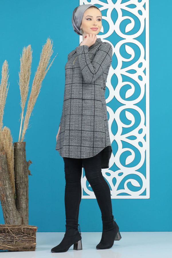 Düz Orta Kadın Gri Ekose Tunik Gri - 7879 - 7879 GRİ