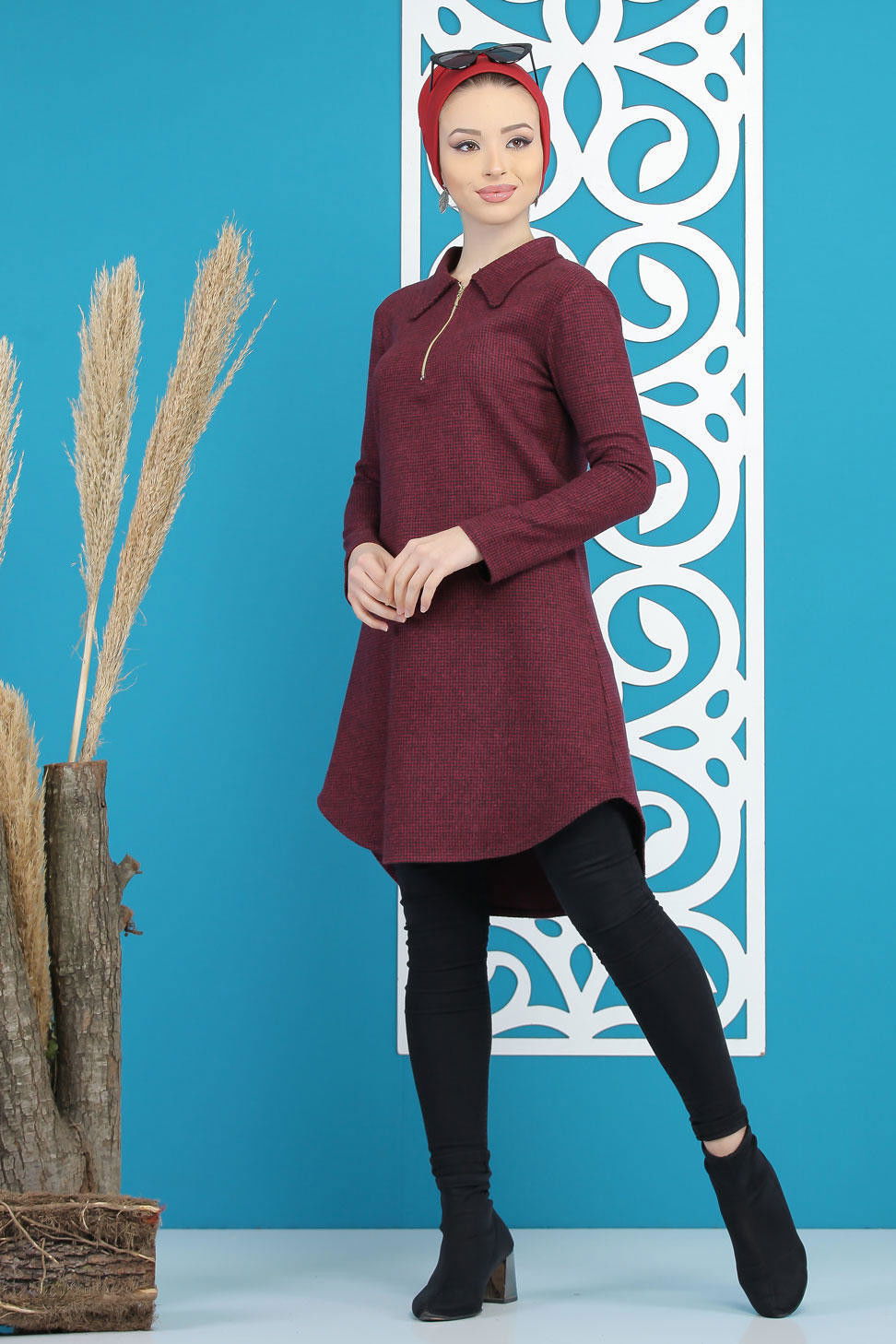 Düz Orta Kadın Bordo Desenli Tunik Bordo - 7884 - 7884 BORDO