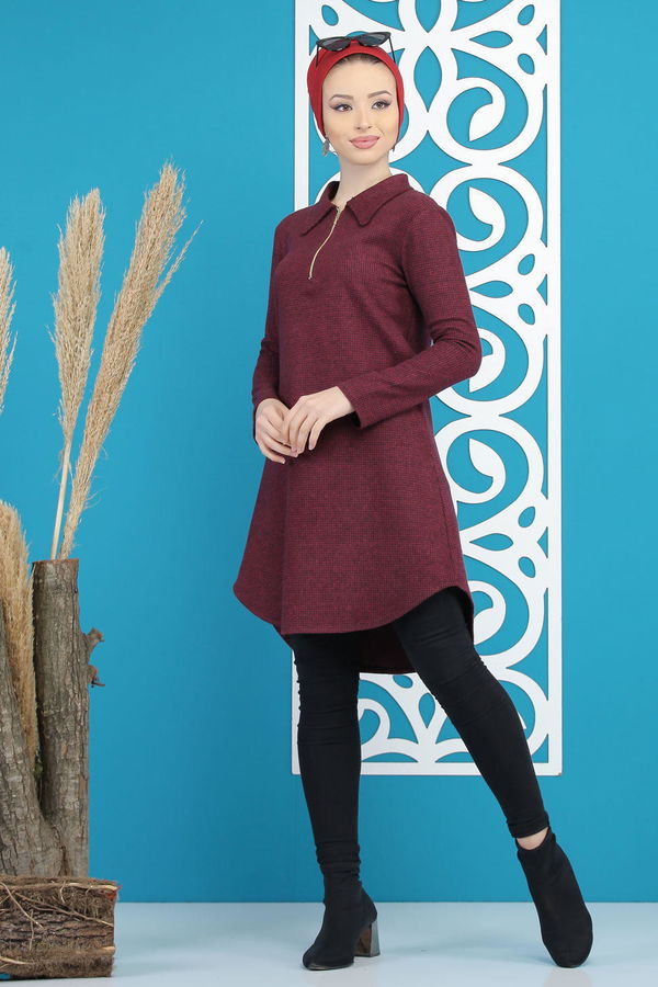 Düz Orta Kadın Bordo Desenli Tunik Bordo - 7884 - 7884 BORDO