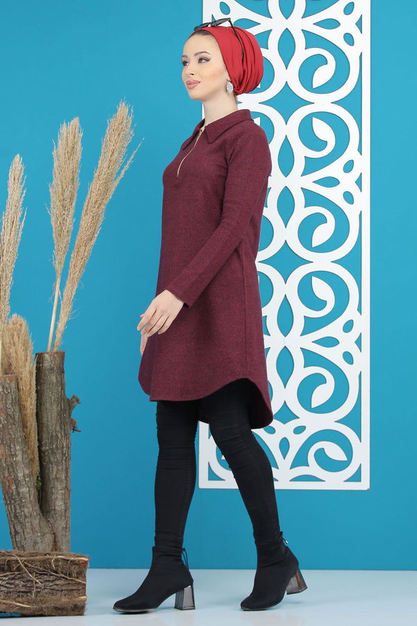 Düz Orta Kadın Bordo Desenli Tunik Bordo - 7884 - 7884 BORDO