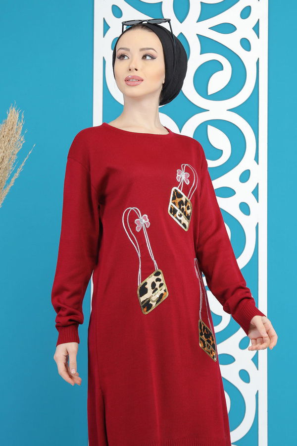 Düz Orta Kadın Bordo Triko Tunik Siyah  - 7886 BORDO