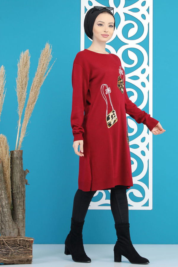 Düz Orta Kadın Bordo Triko Tunik Siyah  - 7886 BORDO