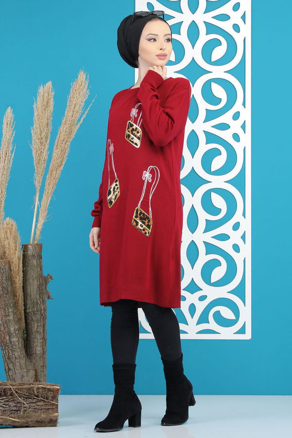 Düz Orta Kadın Bordo Triko Tunik Siyah  - 7886 BORDO