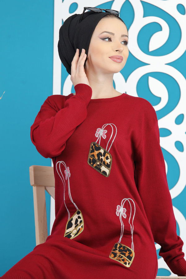 Düz Orta Kadın Bordo Triko Tunik Siyah  - 7886 BORDO