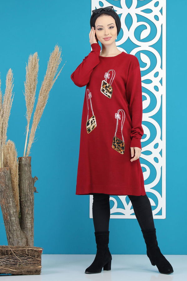 Düz Orta Kadın Bordo Triko Tunik Siyah  - 7886 BORDO